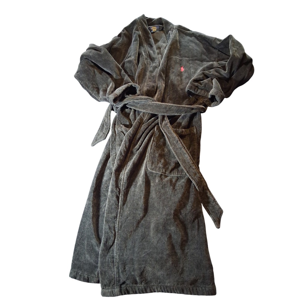 Polo Ralph Lauren Mens Terry Cloth Robe Charcoal Black Red Pony Logo S/M